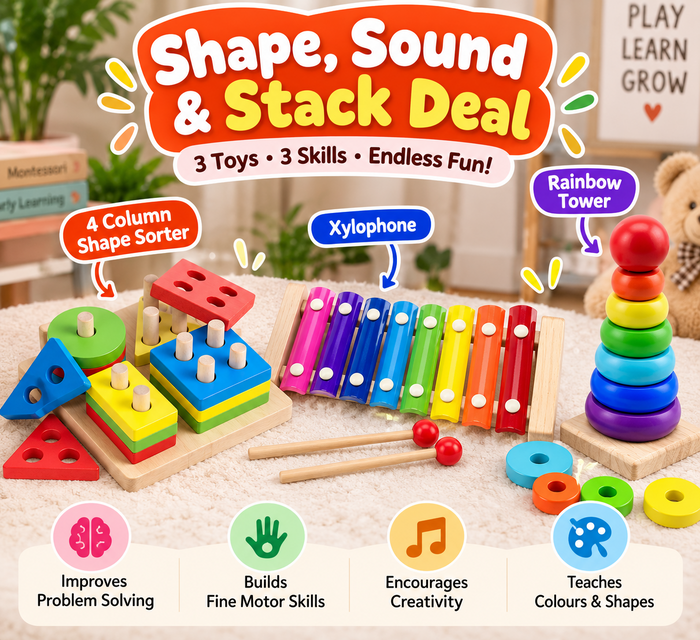 Shape sorter, xylophone and rainbow tower learning deal