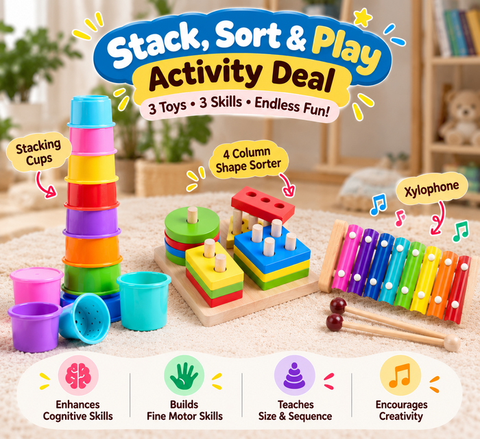 Stacking cups, four-column shape sorter and xylophone activity deal