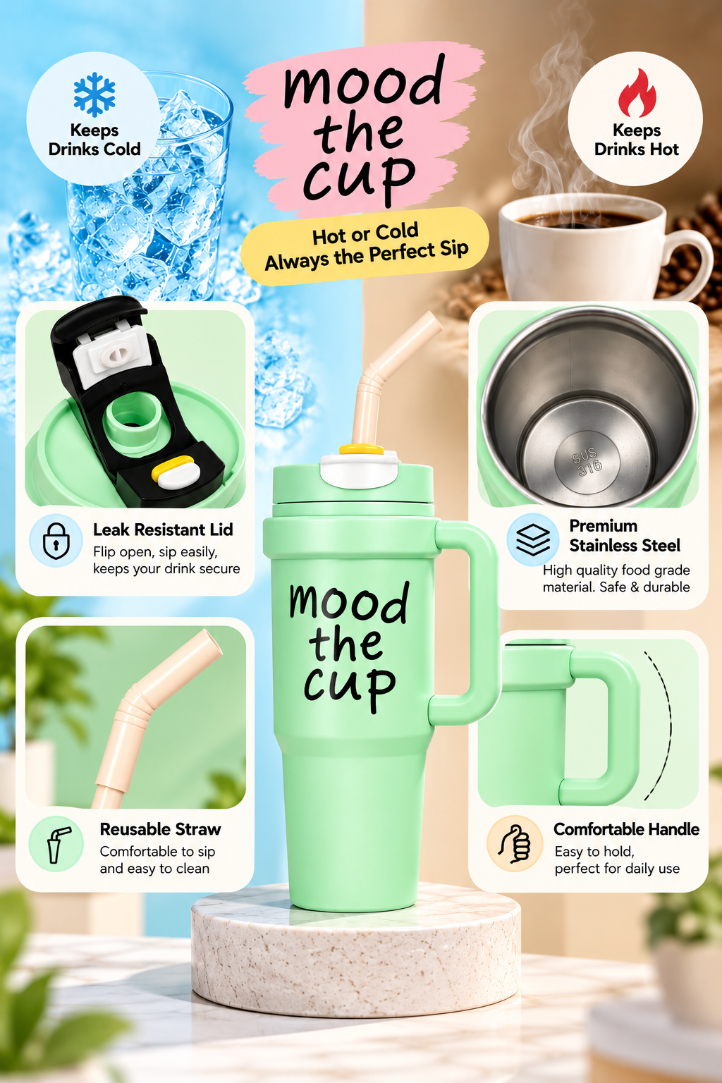 Insulated Stainless Steel - Mood the Cup Tumbler with Straw & Handle