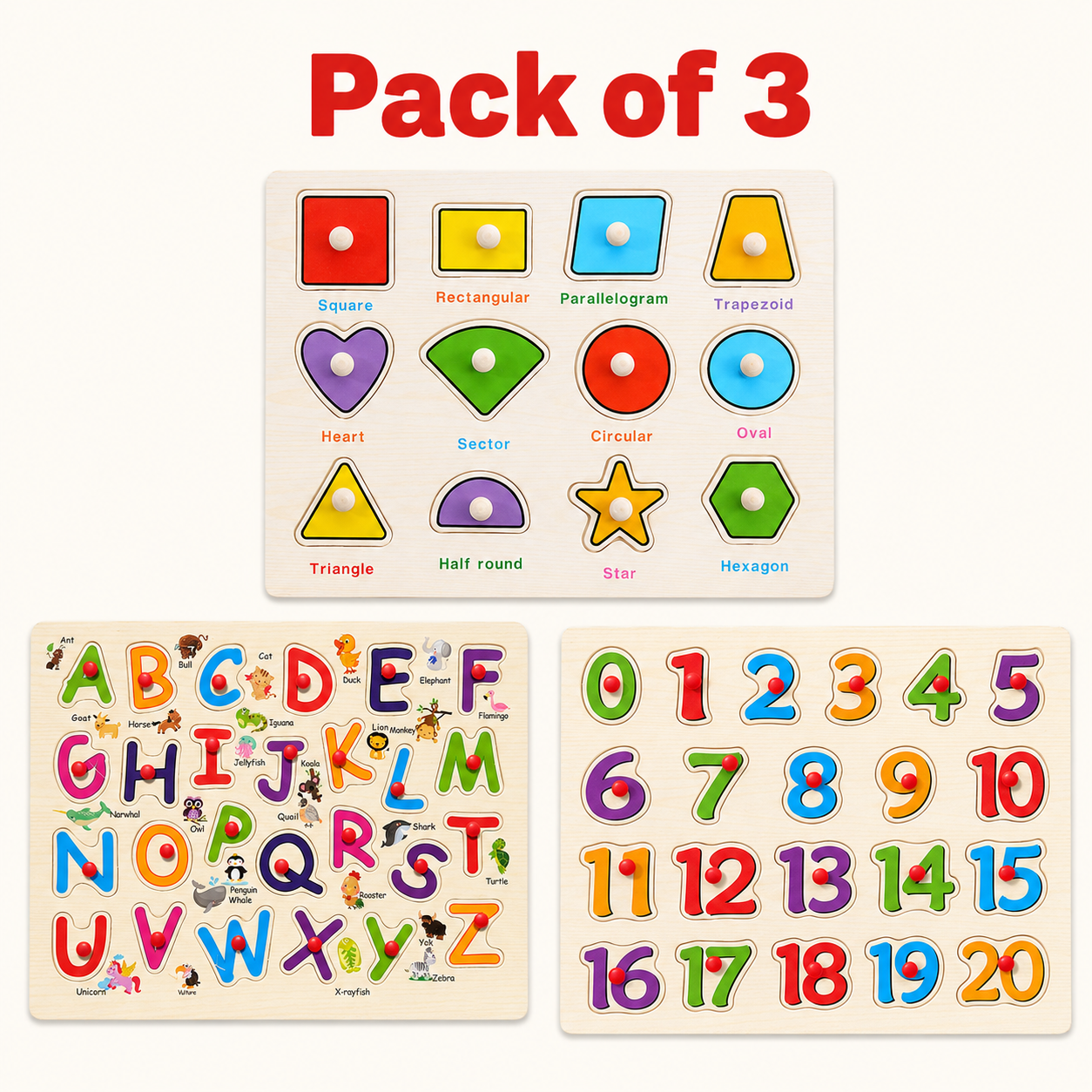 Large Knobbed Educational Puzzles Set - Pack of 3