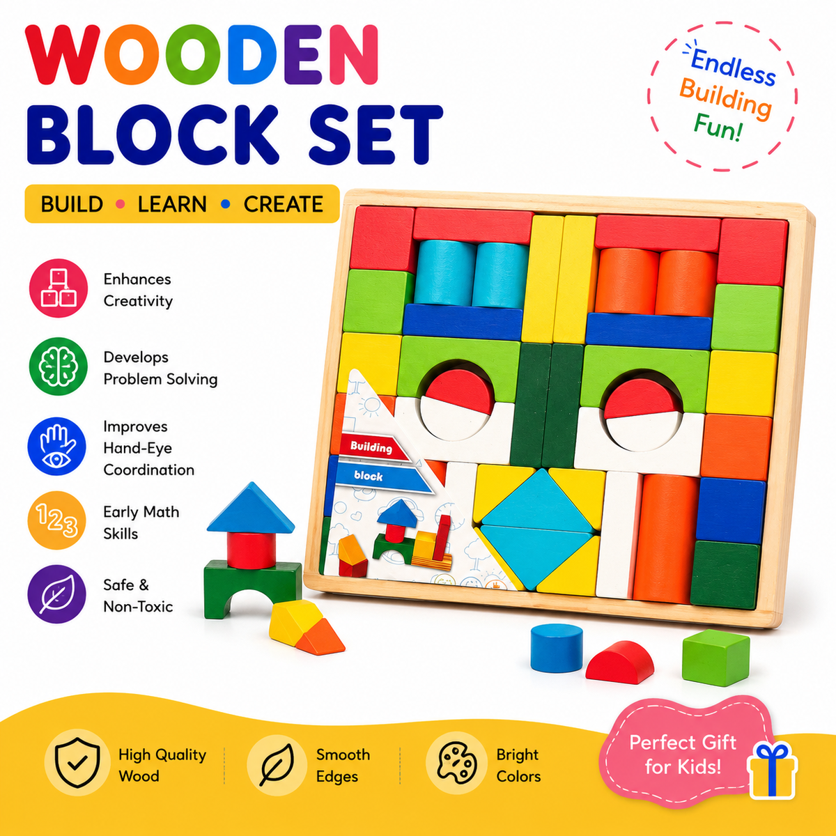 Wooden Colorful Building Blocks for Toddlers