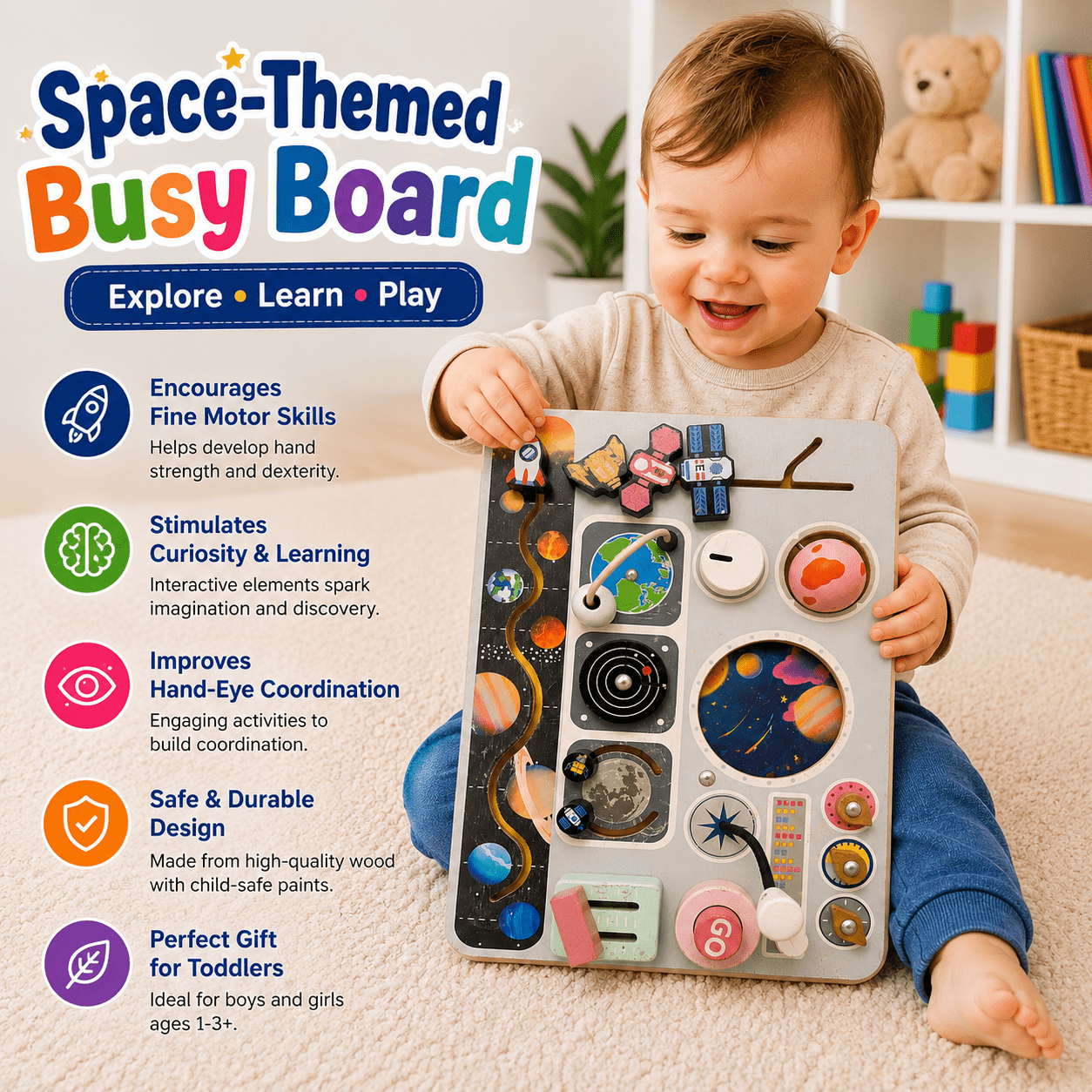 Wooden Space Theme Busy Board - Chotaymasters