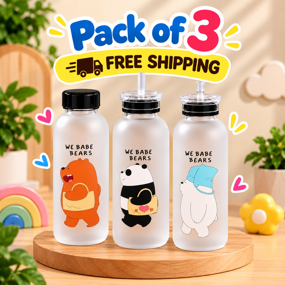 We Bare Bears Frosted Water Bottle - 1000 ml Water Capacity