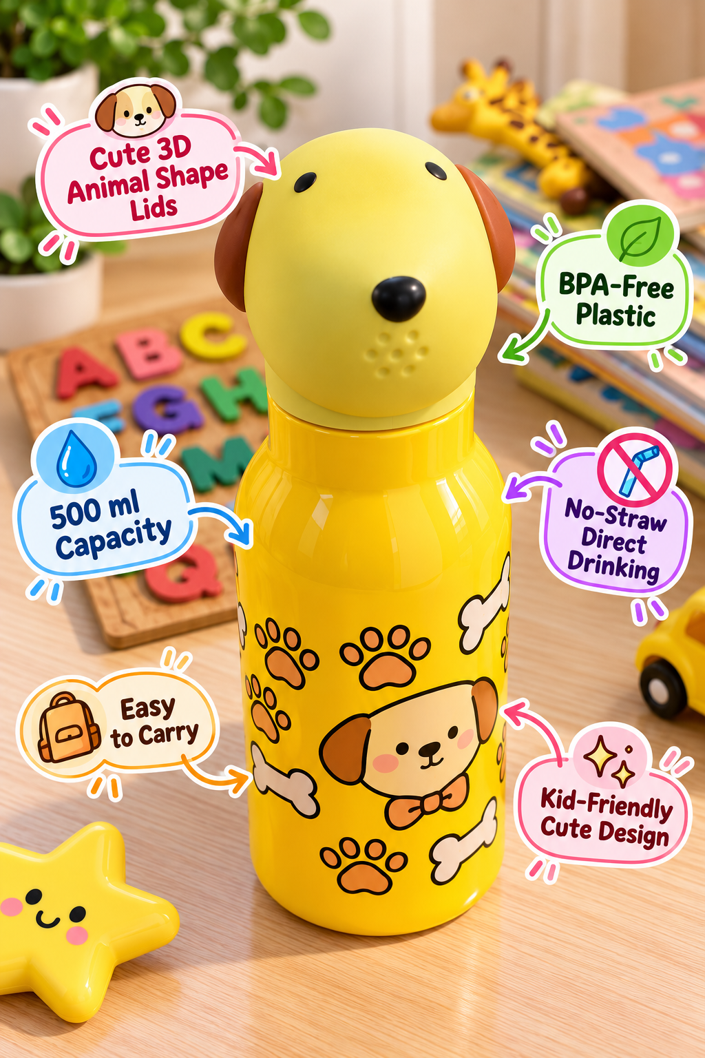 Yellow dog-design kids water bottle with product feature callouts