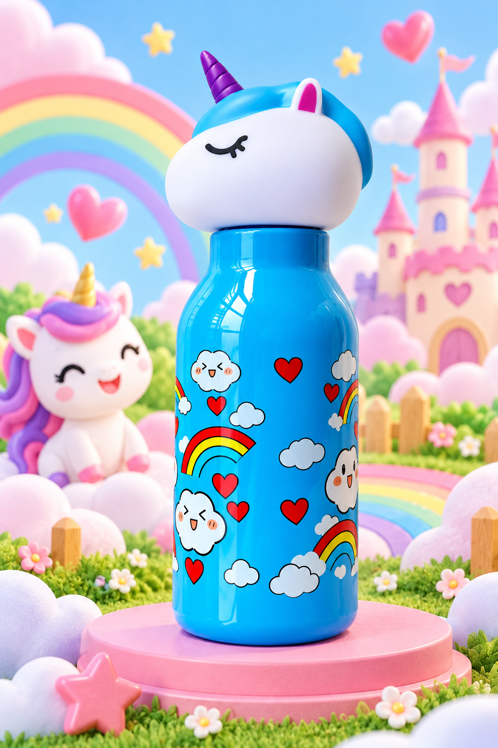 Unicorn-design kids water bottle with a pastel rainbow background
