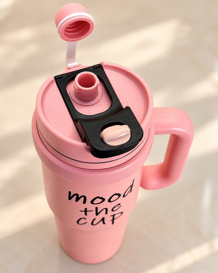 Mood the Cup pink tumbler lid and dual-sip detail
