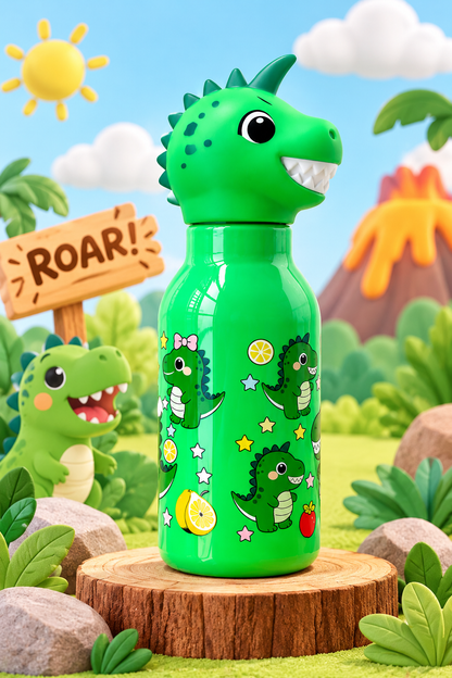 Green dinosaur-design kids water bottle shown outdoors