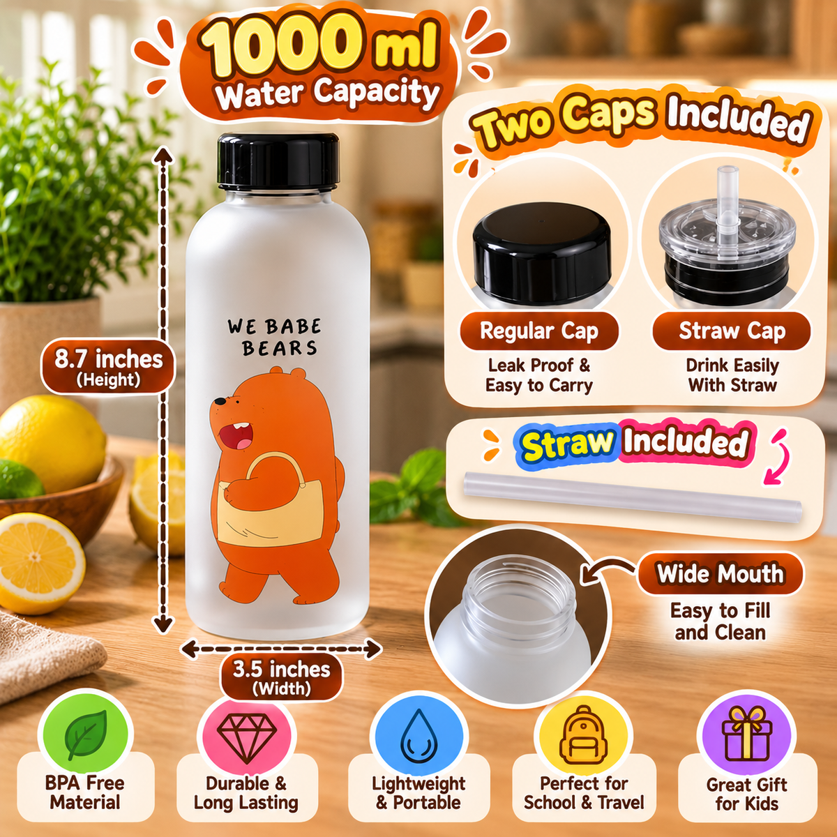 We Bare Bears Frosted Water Bottle - 1000 ml Water Capacity