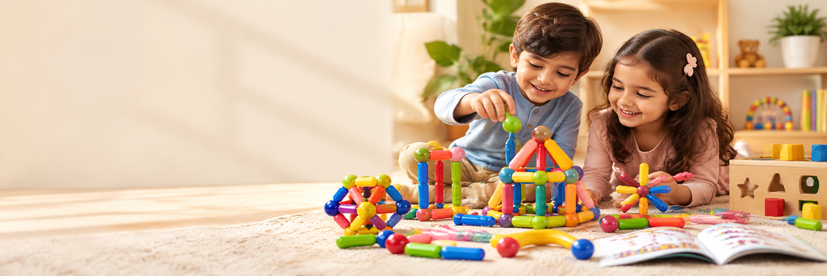 Children building with colorful magnetic rods and educational toys