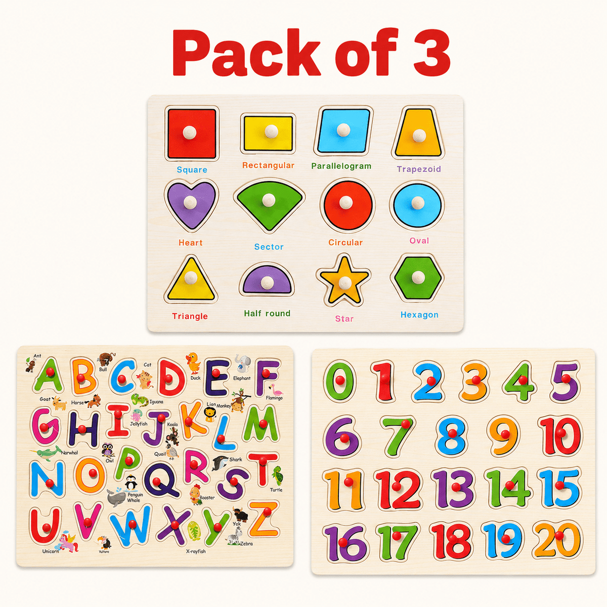 Large Knobbed Educational Puzzles Set - Pack of 3 - Chotaymasters