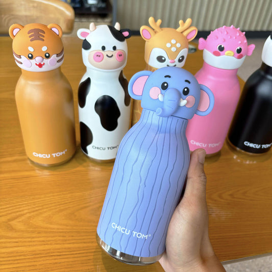 480ml Kids Stainless Steel Water Bottle with Straw - Cartoon Animal Insulated Cup for School & Travel