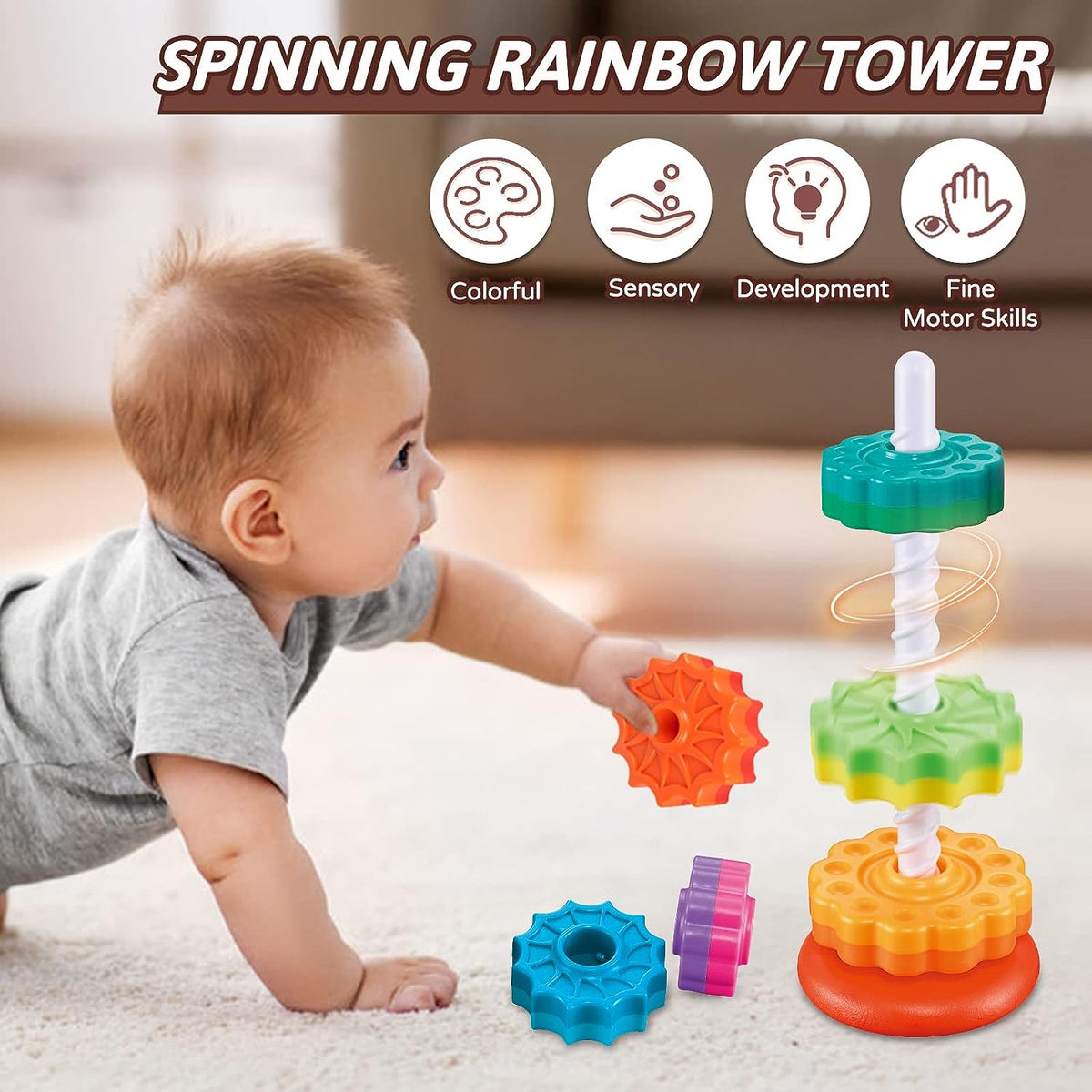 Rainbow Spinning Stacking Tower Baby Montessori Toy