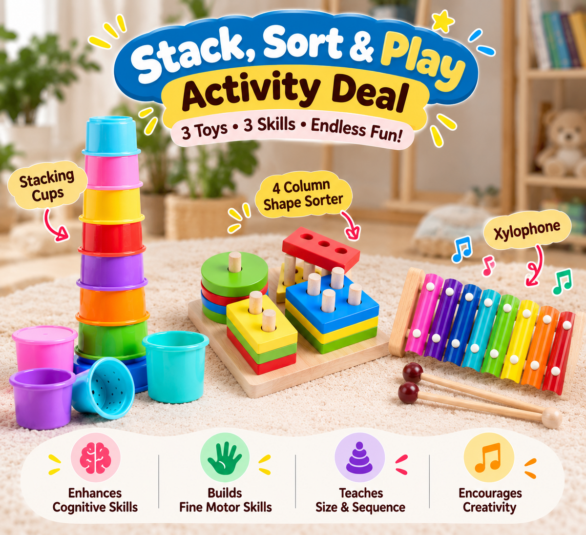 Stacking cups, four-column shape sorter and xylophone activity deal